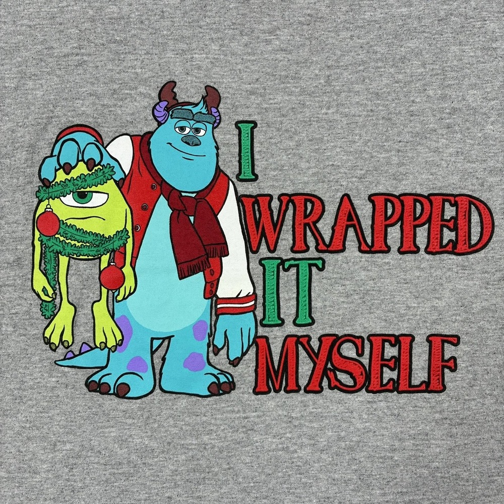 Disney Shirt Mens Large Gray Monsters Inc I Wrapped It Myself Christmas Tee